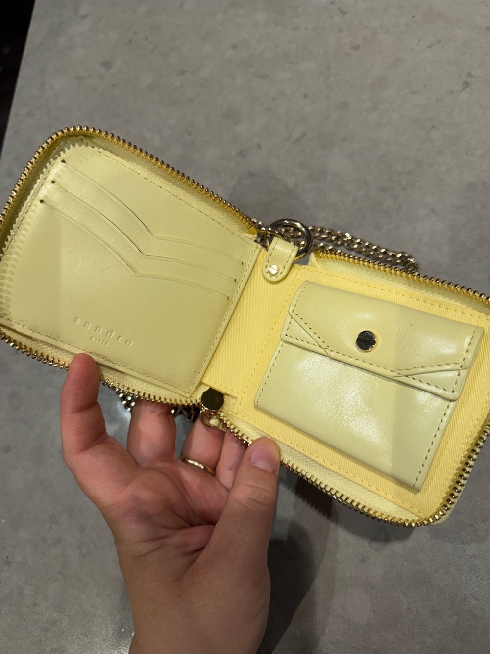 Sandro Pale Yellow Quilted Crossbody Card Wallet with Gold Chain - Picture 2 of 5